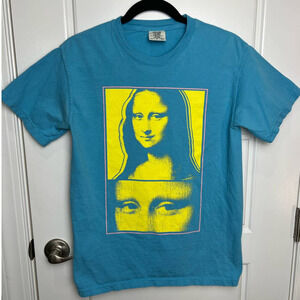 RARE Retro Mona Lisa ART Comfort Colors 100% Cotton Sapphire Blue Size Small